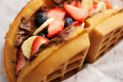 Nutella and Fruit Waffle Giant waffle. Covered in Nutella. Topped with fresh fruit.